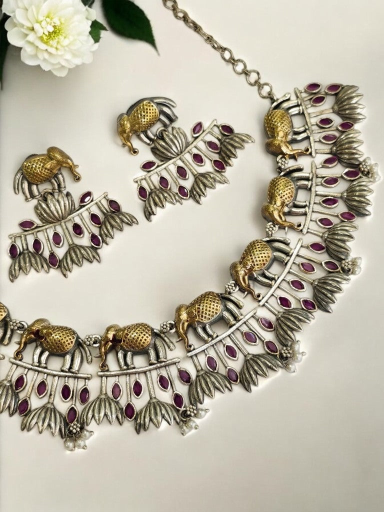 PINK STONE ELEPHANT RUDHRATI GERMAN SILVER JEWELLERY SET