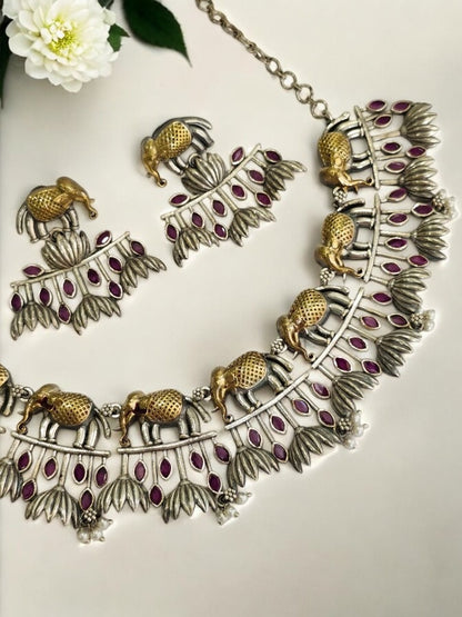 PINK STONE ELEPHANT RUDHRATI GERMAN SILVER JEWELLERY SET