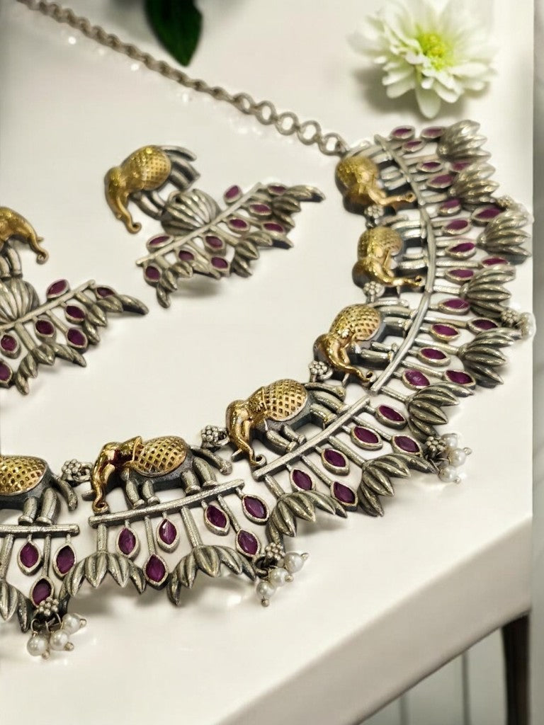 PINK STONE ELEPHANT RUDHRATI GERMAN SILVER JEWELLERY SET