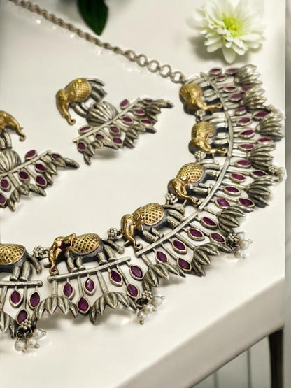 PINK STONE ELEPHANT RUDHRATI GERMAN SILVER JEWELLERY SET
