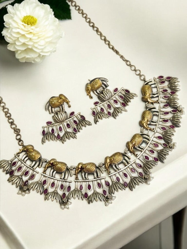 PINK STONE ELEPHANT RUDHRATI GERMAN SILVER JEWELLERY SET