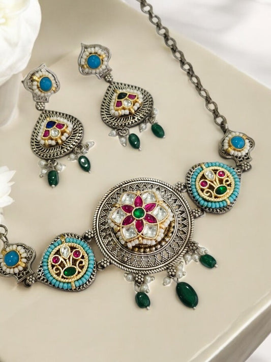 GREEN PAARU GERMAN SILVER JEWELLERY SET