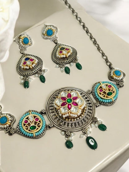 GREEN PAARU GERMAN SILVER JEWELLERY SET