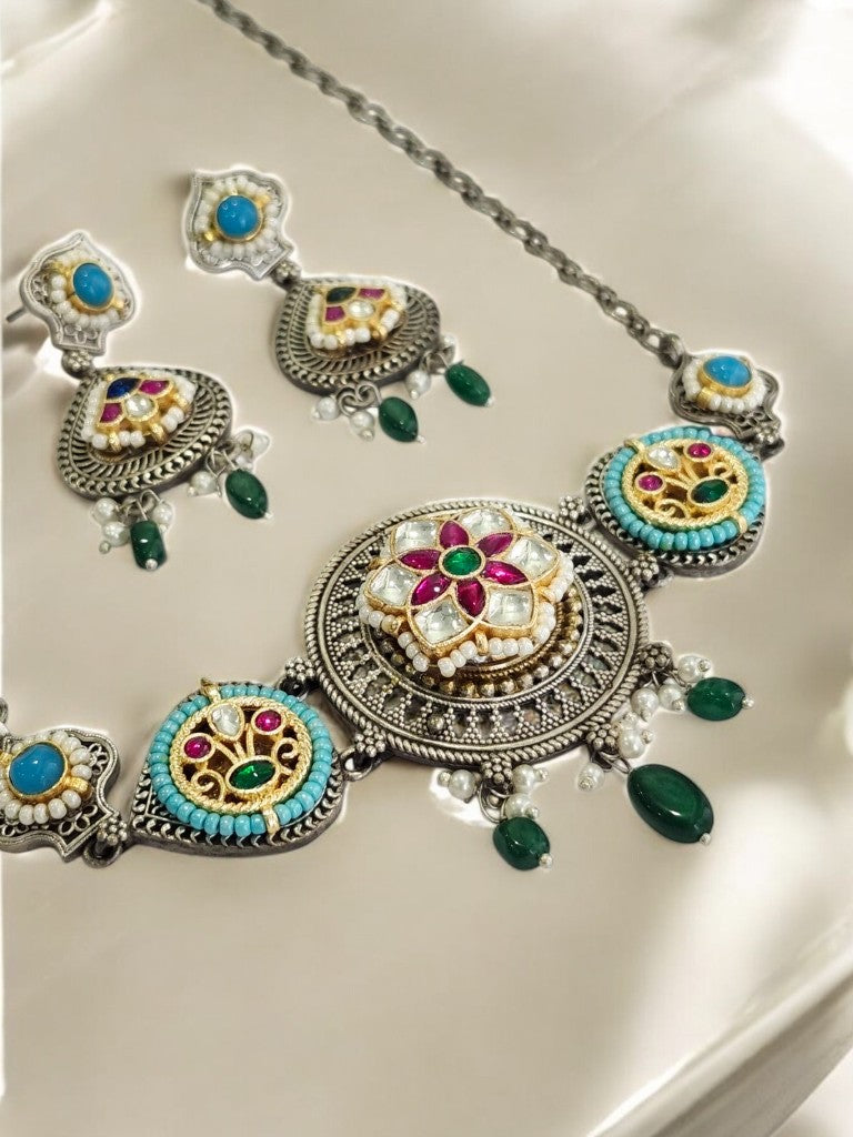 GREEN PAARU GERMAN SILVER JEWELLERY SET