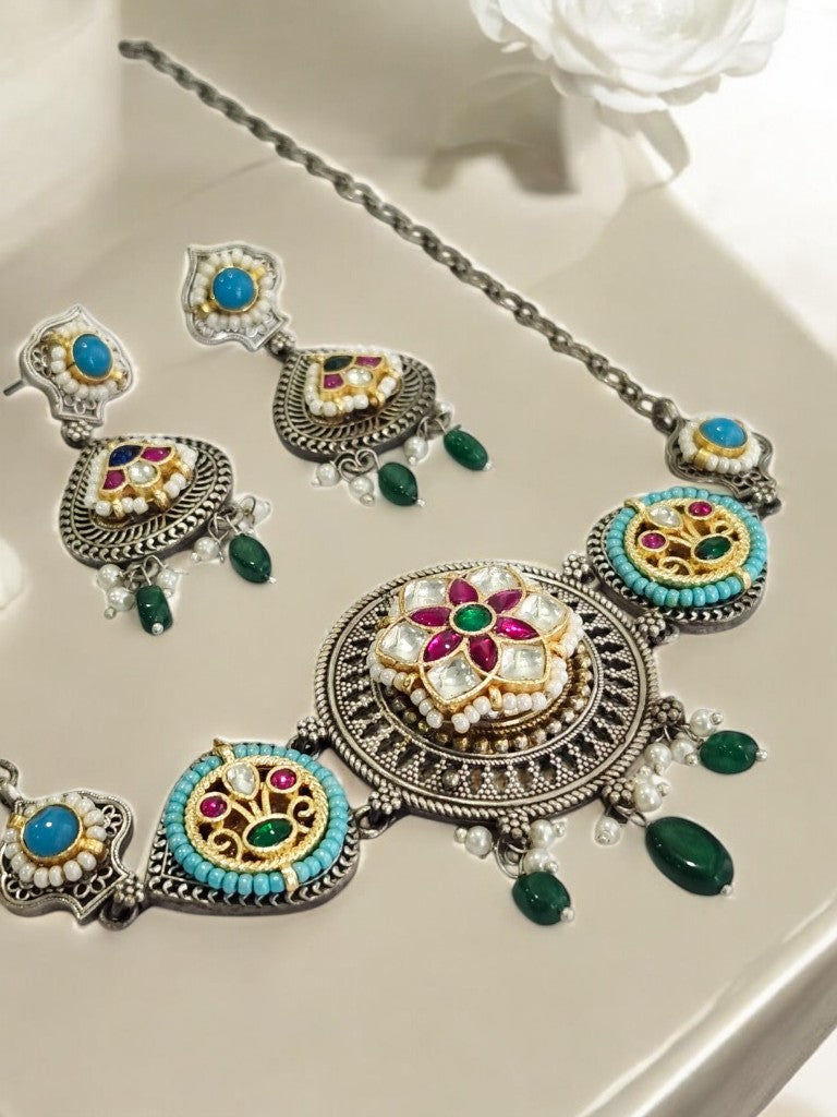 GREEN PAARU GERMAN SILVER JEWELLERY SET