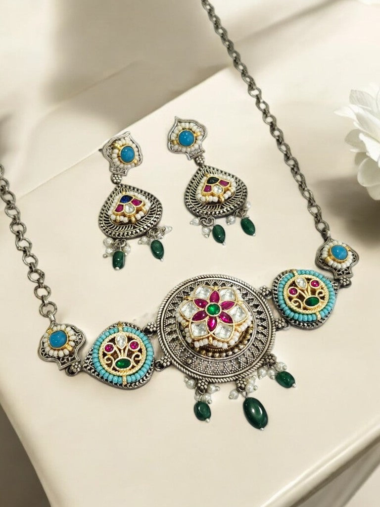 GREEN PAARU GERMAN SILVER JEWELLERY SET