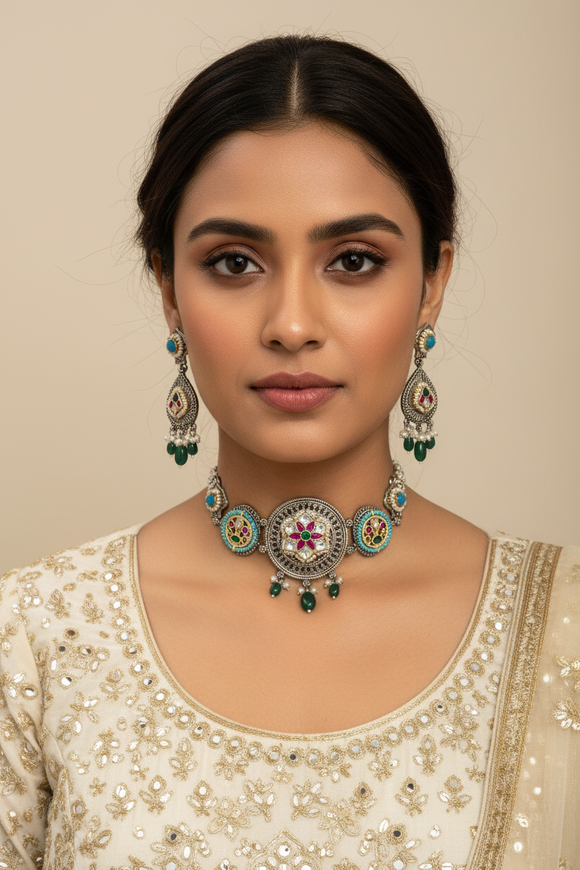 GREEN PAARU GERMAN SILVER JEWELLERY SET