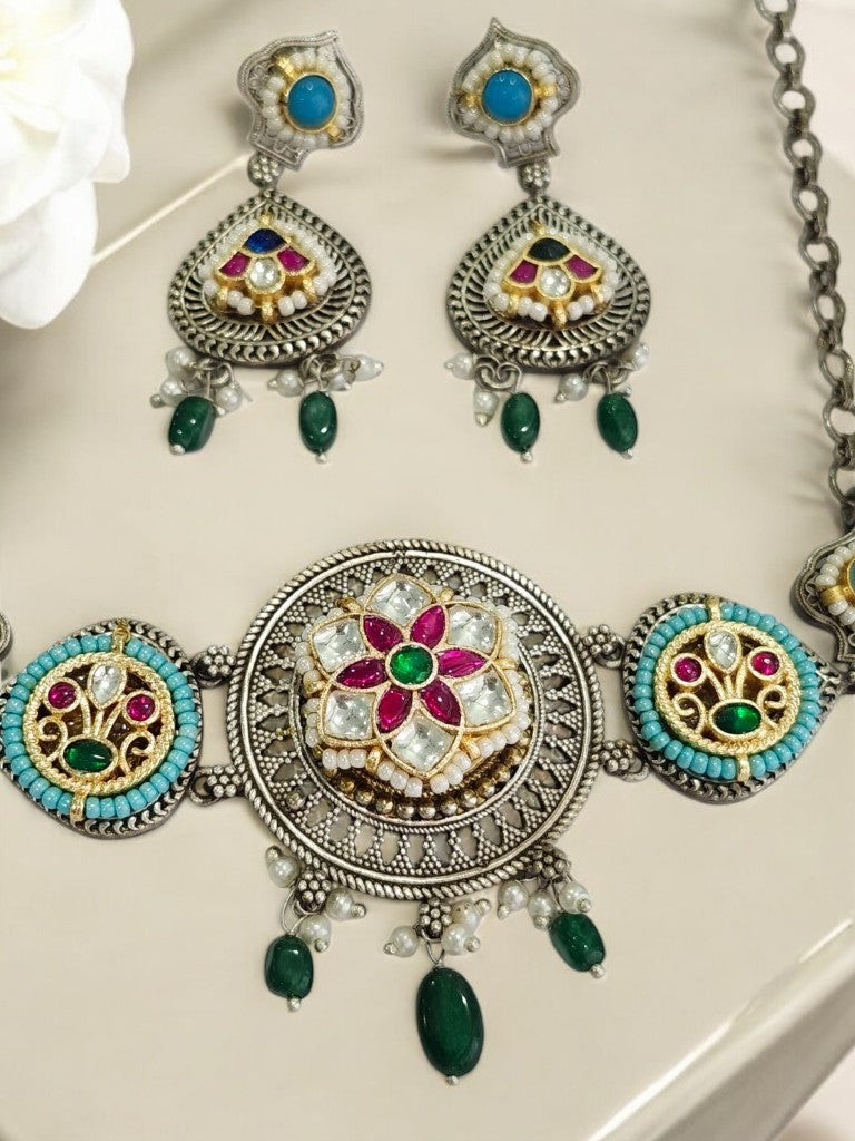 GREEN PAARU GERMAN SILVER JEWELLERY SET