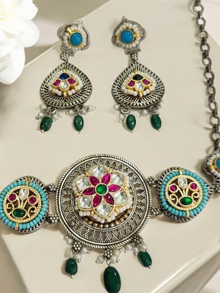 GREEN PAARU GERMAN SILVER JEWELLERY SET