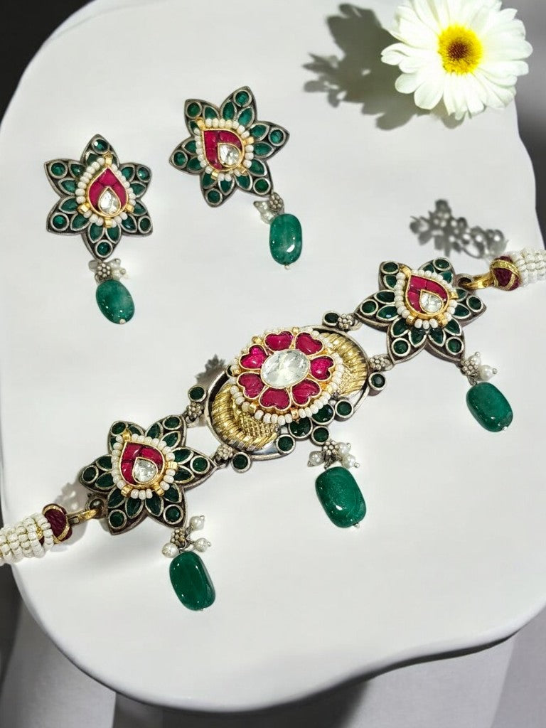 GREEN GANISKA GERMAN SILVER JEWELLERY SET