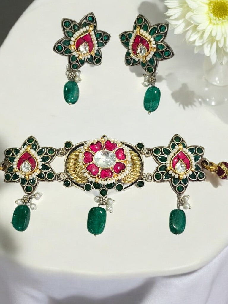 GREEN GANISKA GERMAN SILVER JEWELLERY SET