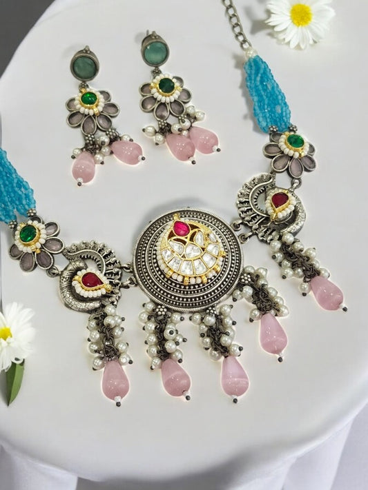 PINK DRISHNA GERMAN SILVER JEWELLERY SET