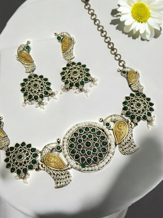 GREEN INIKA GERMAN SILVER JEWELLERY SET