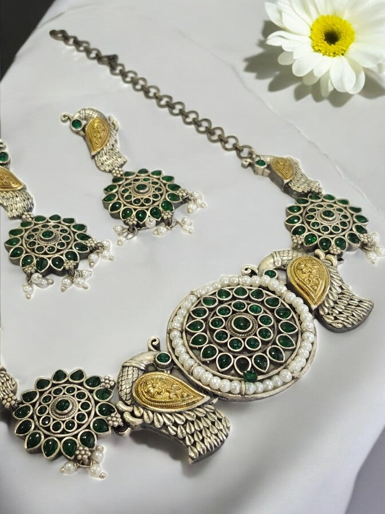 GREEN INIKA GERMAN SILVER JEWELLERY SET