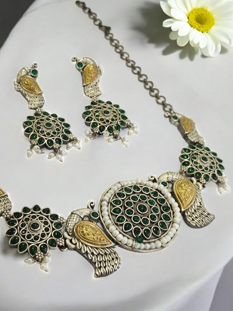 GREEN INIKA GERMAN SILVER JEWELLERY SET