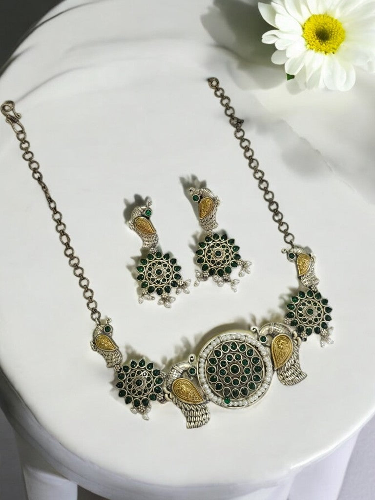 GREEN INIKA GERMAN SILVER JEWELLERY SET