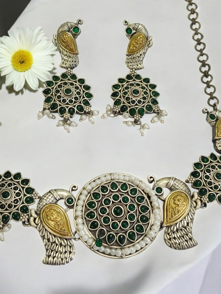GREEN INIKA GERMAN SILVER JEWELLERY SET
