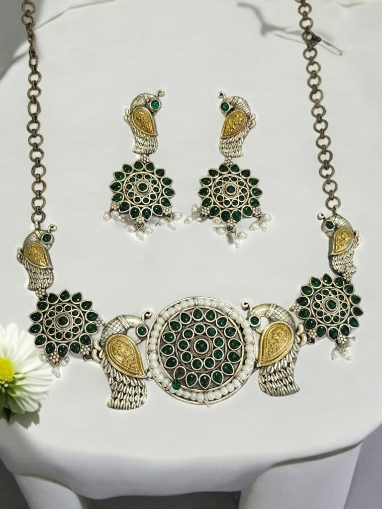 GREEN INIKA GERMAN SILVER JEWELLERY SET