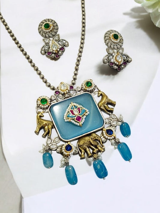 SEA BLUE SURMAYI GERMAN SILVER JEWELLERY SET