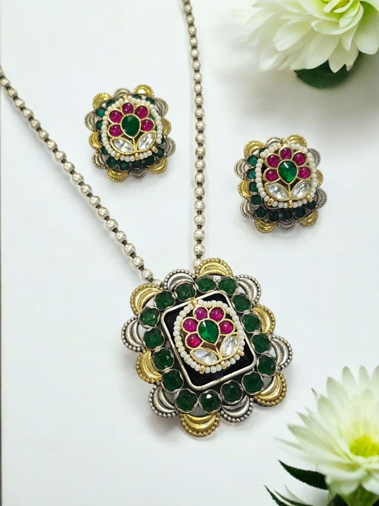 GREEN KSHITI GERMAN SILVER JEWELLERY SET