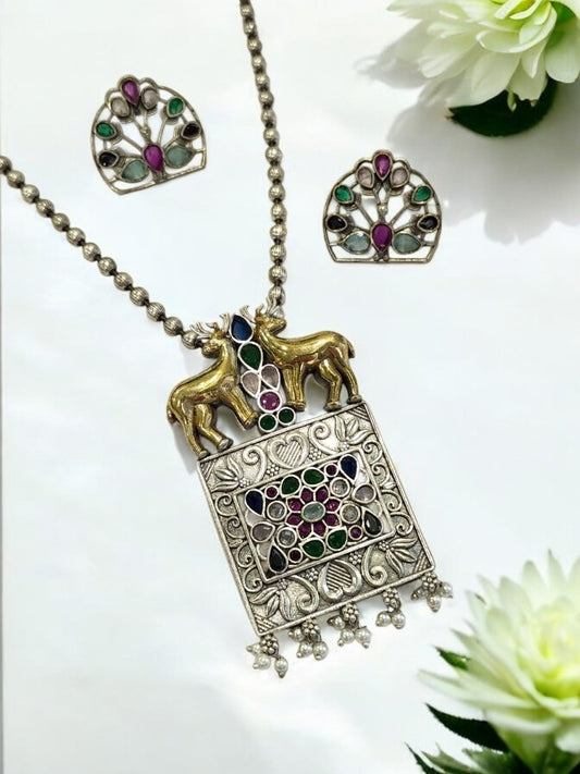 MULTI STONE KETKI GERMAN SILVER JEWELLERY SET
