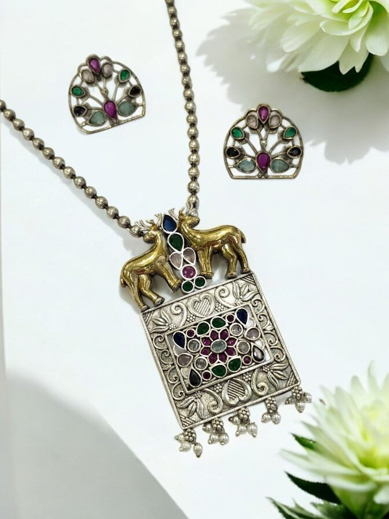 MULTI STONE KETKI GERMAN SILVER JEWELLERY SET