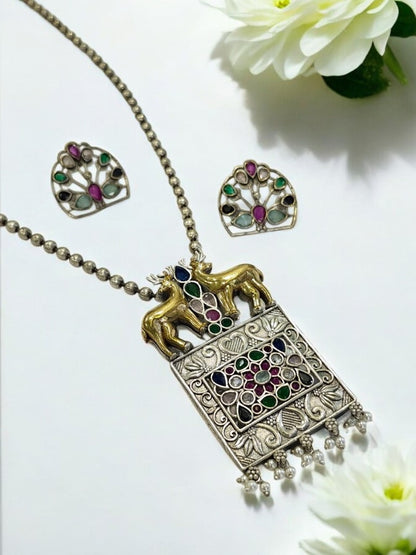 MULTI STONE KETKI GERMAN SILVER JEWELLERY SET