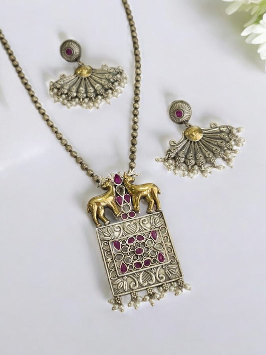 PINK STONE KETKISHI GERMAN SILVER JEWELLERY SET