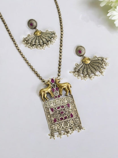 PINK STONE KETKISHI GERMAN SILVER JEWELLERY SET