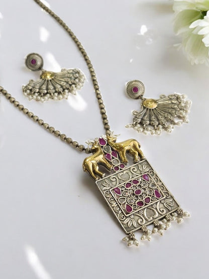 PINK STONE KETKISHI GERMAN SILVER JEWELLERY SET