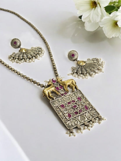 PINK STONE KETKISHI GERMAN SILVER JEWELLERY SET