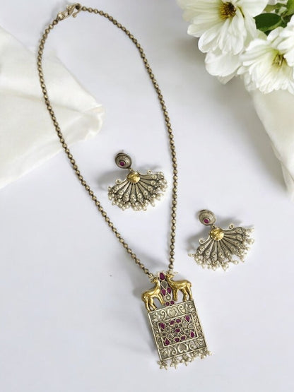 PINK STONE KETKISHI GERMAN SILVER JEWELLERY SET
