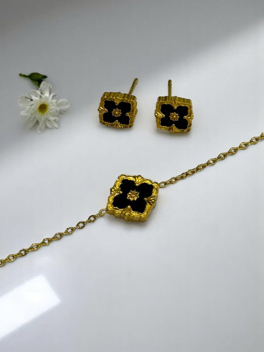 GOLDEN CHAIN WITH BLACK AND WHITE REVERSABLE BRACELET AND STUD EARRINGS