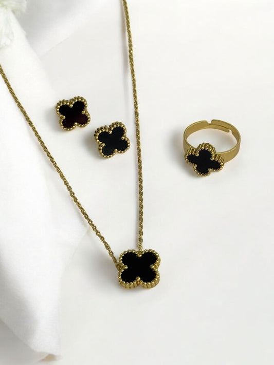 GOLDEN CHAIN WITH BLACK CLOVER PENDENT, EARRINGS, AND FINGER RING