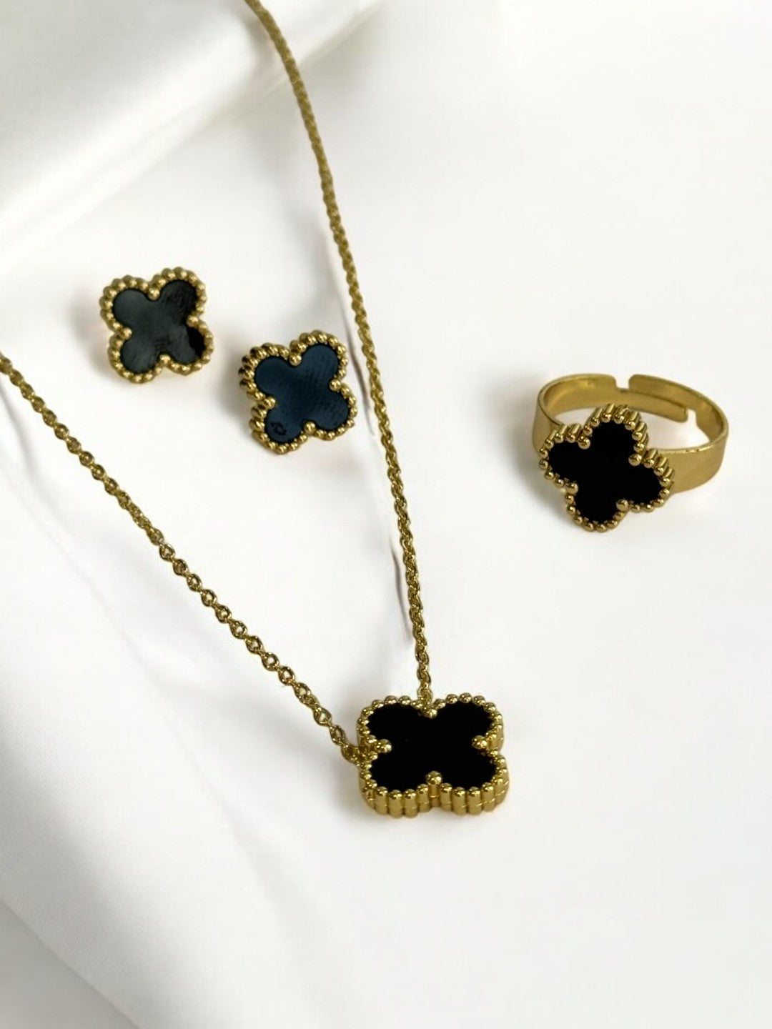 GOLDEN CHAIN WITH BLACK CLOVER PENDENT, EARRINGS, AND FINGER RING