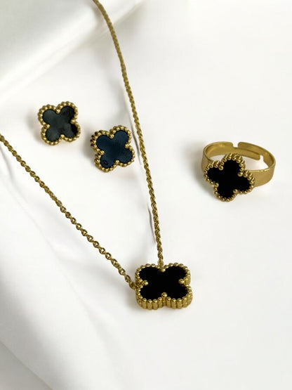 GOLDEN CHAIN WITH BLACK CLOVER PENDENT, EARRINGS, AND FINGER RING