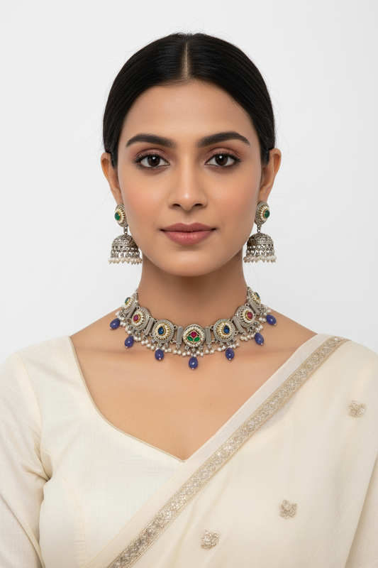 BLUE ARINA GERMAN SILVER JEWELLERY SET