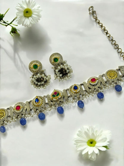 BLUE ARINA GERMAN SILVER JEWELLERY SET