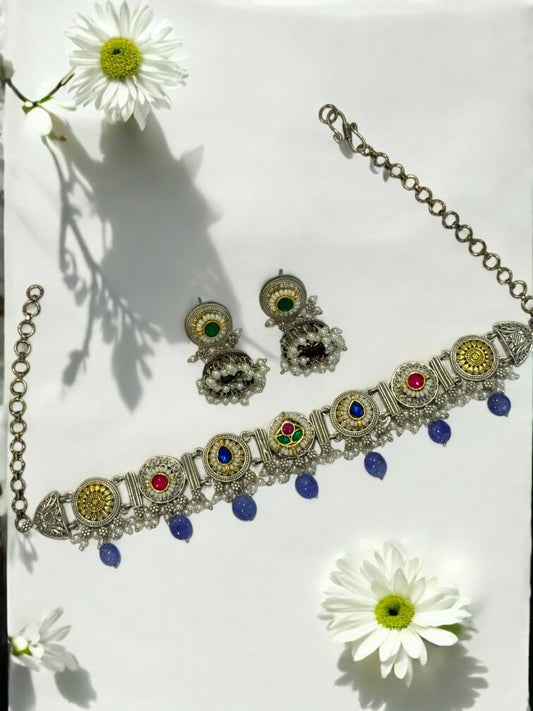 BLUE ARINA GERMAN SILVER JEWELLERY SET