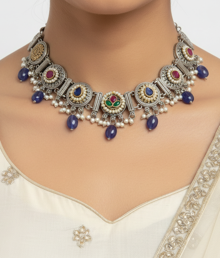 BLUE ARINA GERMAN SILVER JEWELLERY SET