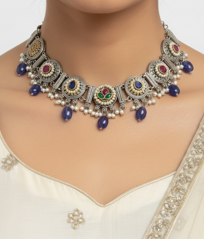 BLUE ARINA GERMAN SILVER JEWELLERY SET