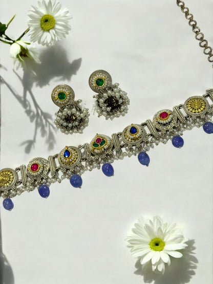 BLUE ARINA GERMAN SILVER JEWELLERY SET