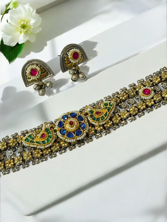 BLUE CHAITALI GERMAN SILVER JEWELLERY SET