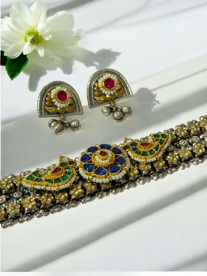BLUE CHAITALI GERMAN SILVER JEWELLERY SET