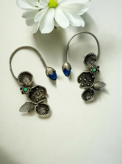 BLUE GREEN LOTUS LEAF AISHA GERMAN SILVER EAR CUFF