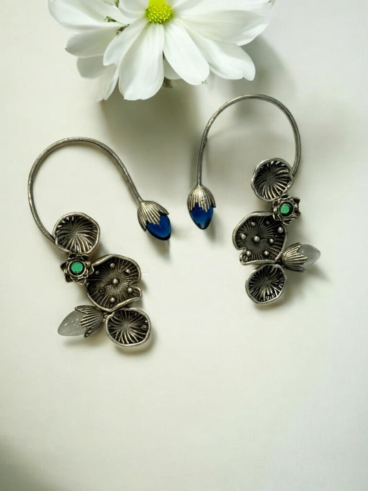 BLUE GREEN LOTUS LEAF AISHA GERMAN SILVER EAR CUFF