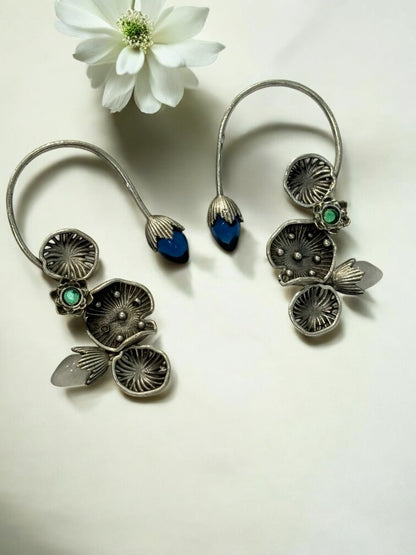 BLUE GREEN LOTUS LEAF AISHA GERMAN SILVER EAR CUFF