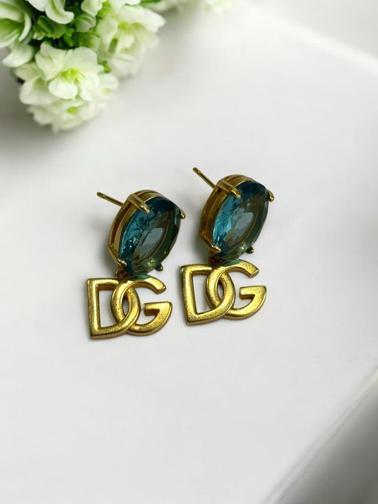 18K GOLD PLATED REFLECTED COLOR OF BLUE OVAL DIAMOND BRANDED EARRING