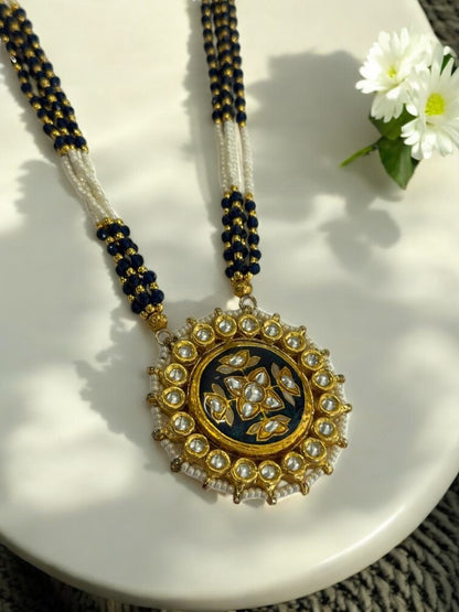 BLUE PENDENT WITH KUNDAN AND MALA 