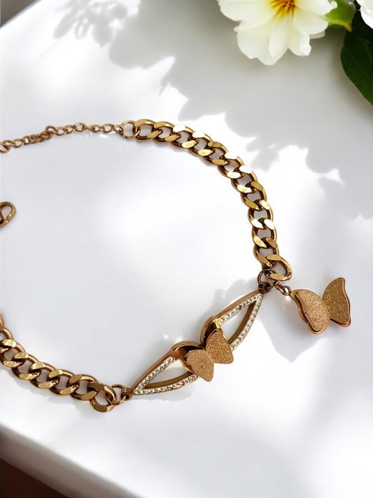 ROSE GOLD CHAIN WITH SPARKLING BUTTERFLY CHRM AND SHINY DIAMOND
